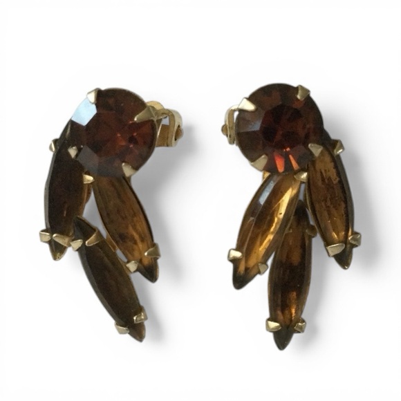 Vintage 1950s WEISS Smoky Topaz Rhinestone Clip‑On Earrings - Picture 6 of 13